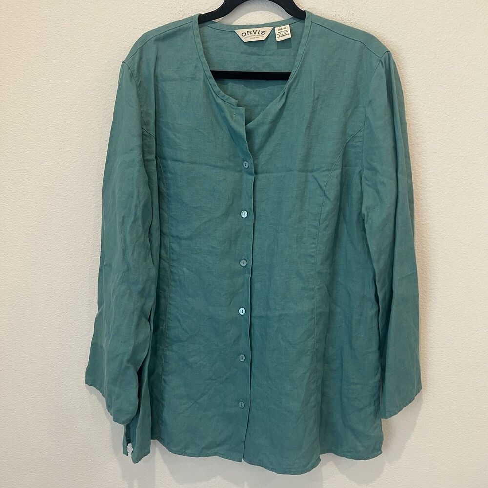 Orvis Top Womens 100% Linen Green Button Front Large (14-16) Round Neck